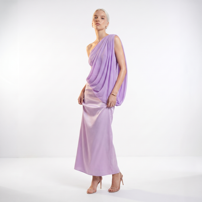 Sunoire sexy one shoulder ruched asymmetrical long dress women sleeveless diagonal collar folds slim dresses evening party gowns three quarter 01