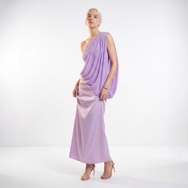 Sunoire sexy one shoulder ruched asymmetrical long dress women sleeveless diagonal collar folds slim dresses evening party gowns three quarter 01