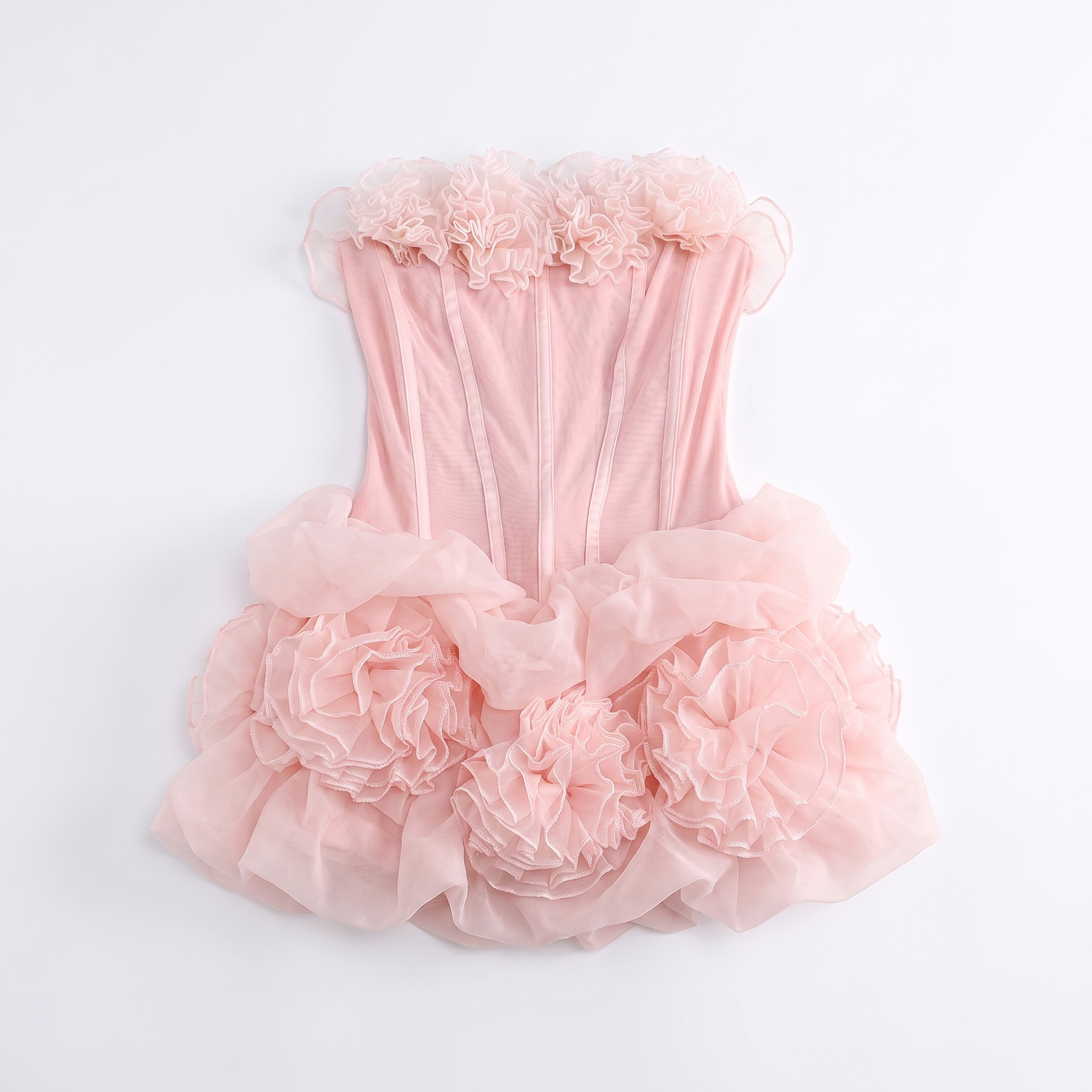 Sunoire sexy strapless floral patchwork corset mini dress women sleeveless backless flowers folds bubble dresses evening garment flatlay 01