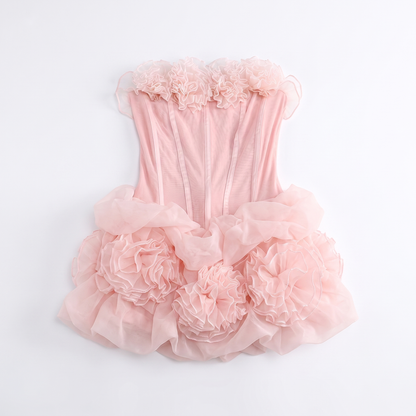 Sunoire sexy strapless floral patchwork corset mini dress women sleeveless backless flowers folds bubble dresses evening garment flatlay 01