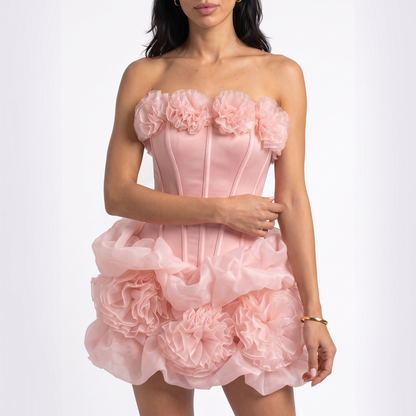 Sunoire sexy strapless floral patchwork corset mini dress women sleeveless backless flowers folds bubble dresses evening torso crop 01