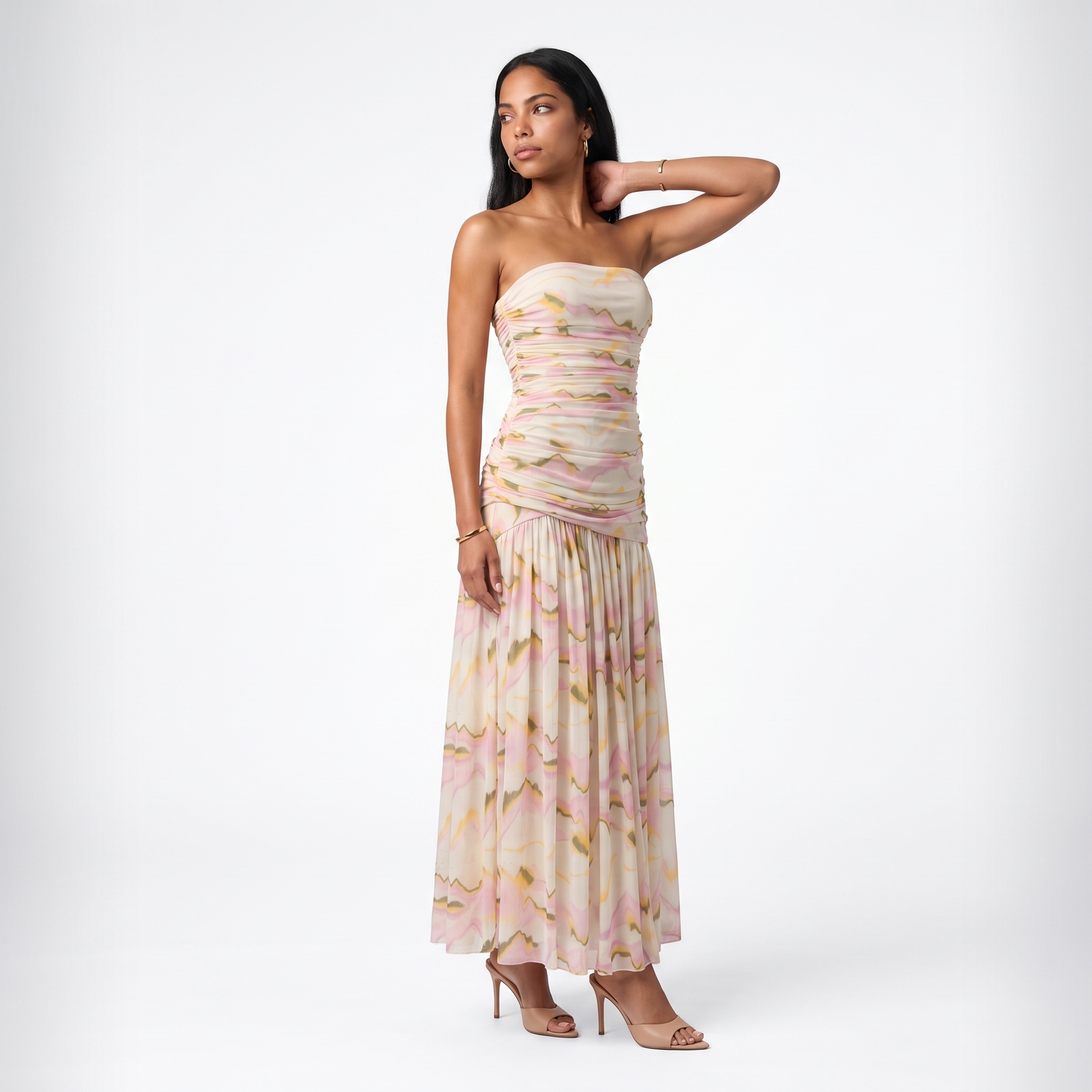 Sunoire sexy strapless mesh printed ruched long dress womens sleeveless backless slim dresses holidays evening party gowns front hero 01