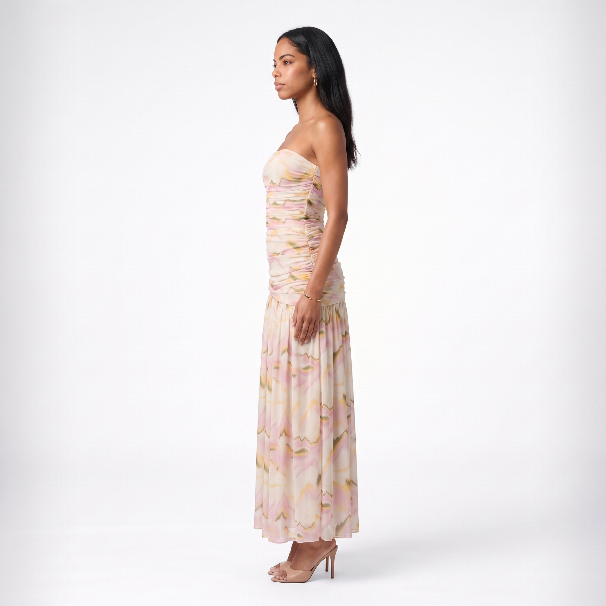 Sunoire sexy strapless mesh printed ruched long dress womens sleeveless backless slim dresses holidays evening party gowns side view 01