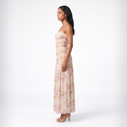Sunoire sexy strapless mesh printed ruched long dress womens sleeveless backless slim dresses holidays evening party gowns side view 01