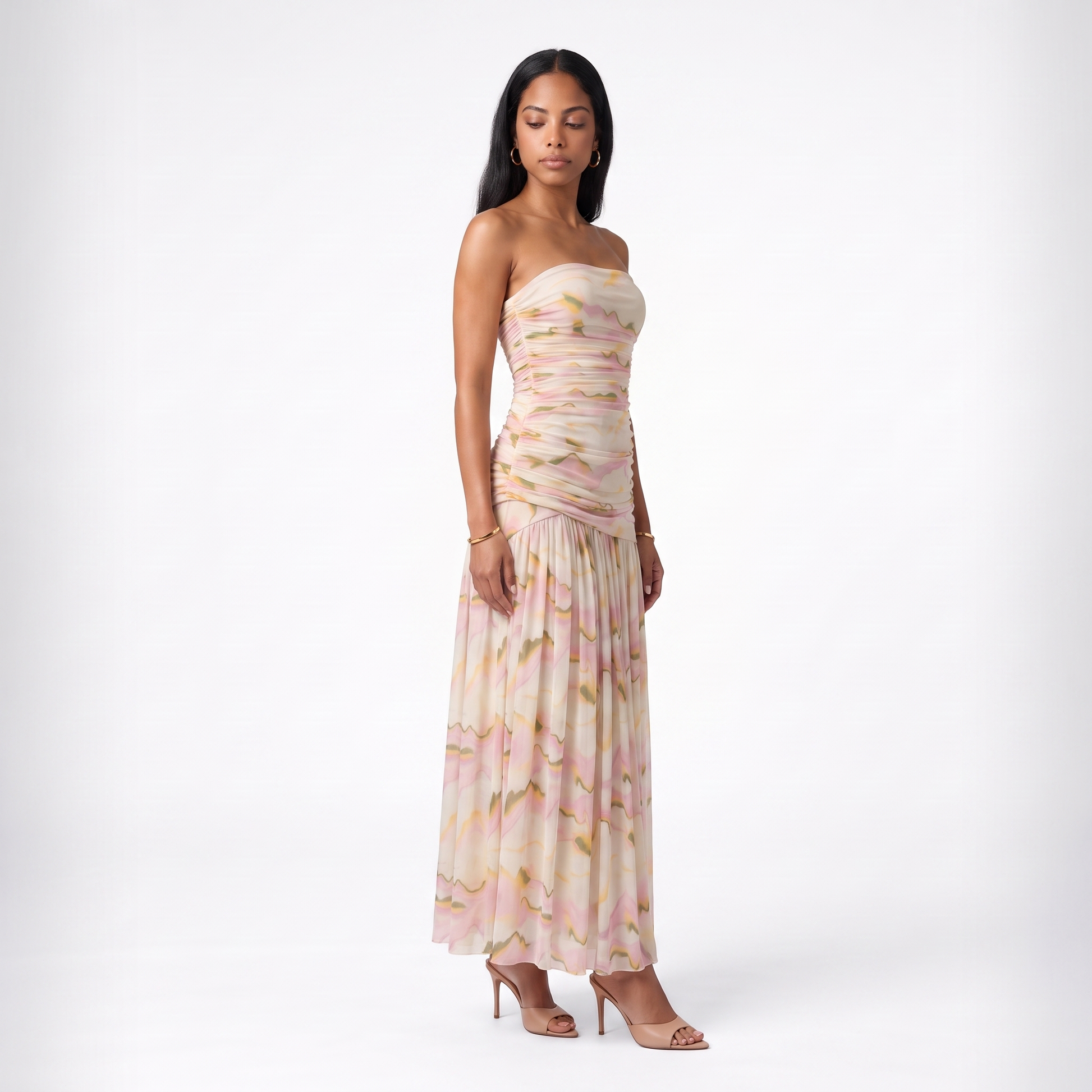 Floral Ruched Strapless Maxi Dress – Cream Wedding Guest Dress for Women – Sunoire