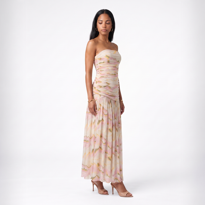 Sunoire sexy strapless mesh printed ruched long dress womens sleeveless backless slim dresses holidays evening party gowns three quarter 01