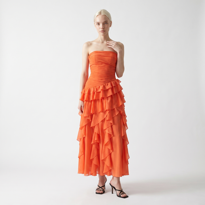 Sunoire sexy strapless tiered ruffled patchwork long dress women sleeveless a line dresses evening celebrity party gowns front hero 01