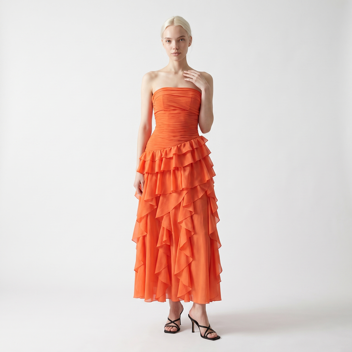Sunoire sexy strapless tiered ruffled patchwork long dress women sleeveless a line dresses evening celebrity party gowns front hero 01