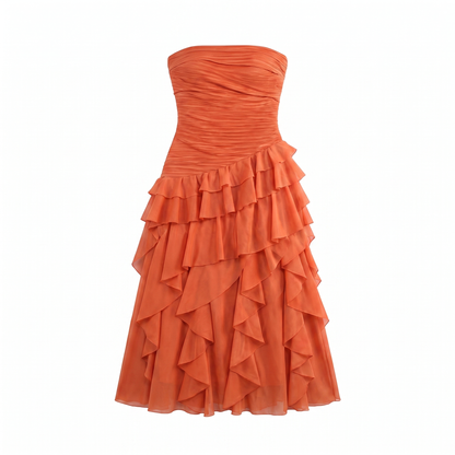 Sunoire sexy strapless tiered ruffled patchwork long dress women sleeveless a line dresses evening celebrity party gowns garment flatlay 01