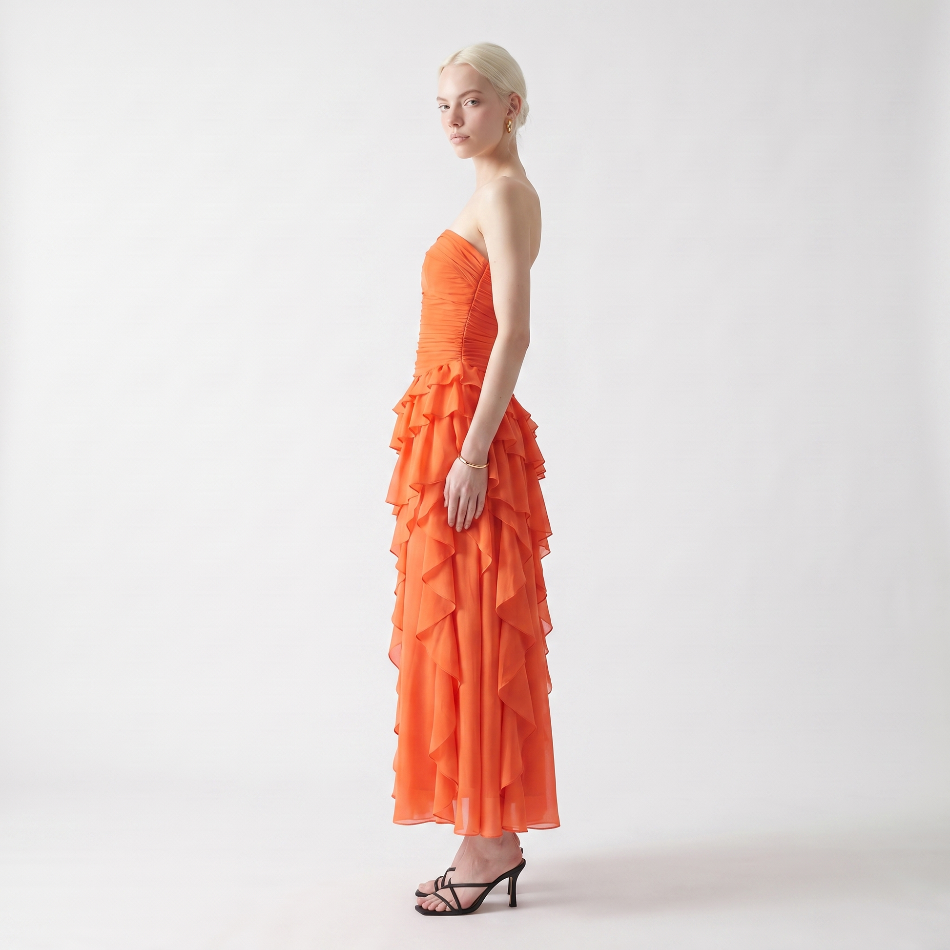 Tiered Ruffle Strapless Maxi Dress – Orange Wedding Guest Dress – Sunoire