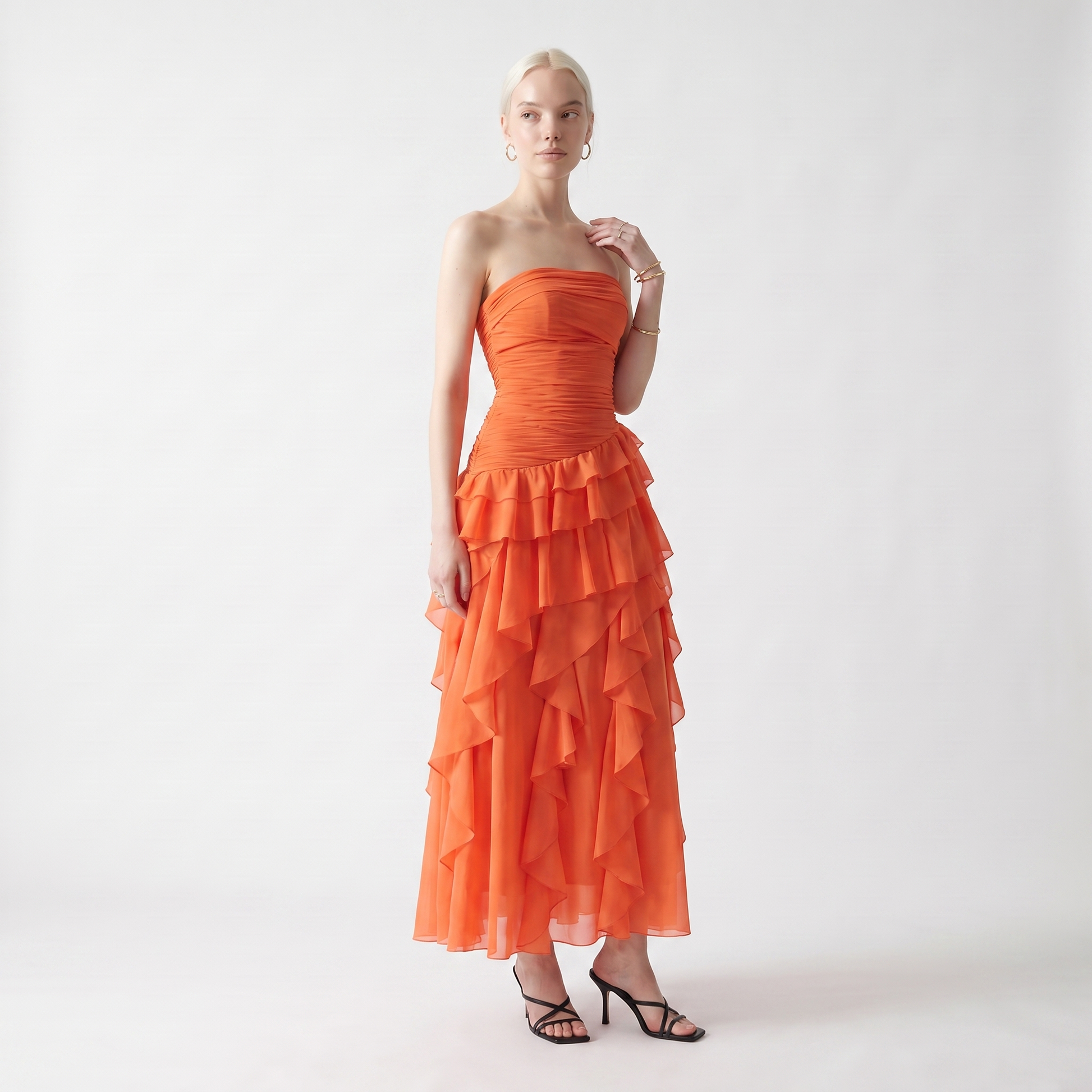 Tiered Ruffle Strapless Maxi Dress – Orange Wedding Guest Dress – Sunoire
