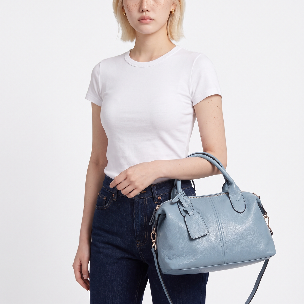 Women's Pebbled Faux Leather Bowler Bag, worn by a model