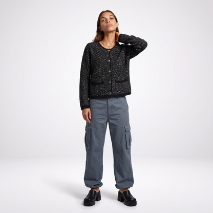Sunoire shiny tweed knit pocketed cardigan women s round neck button blazer front hero 01