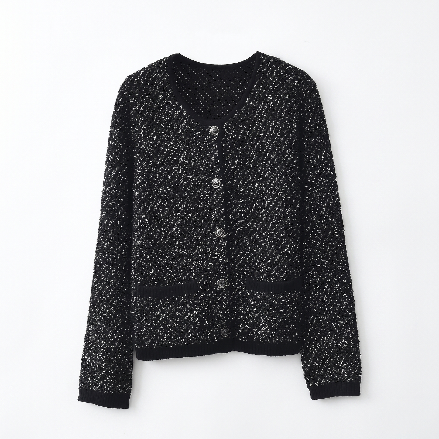 Sunoire shiny tweed knit pocketed cardigan women s round neck button blazer garment flatlay 01