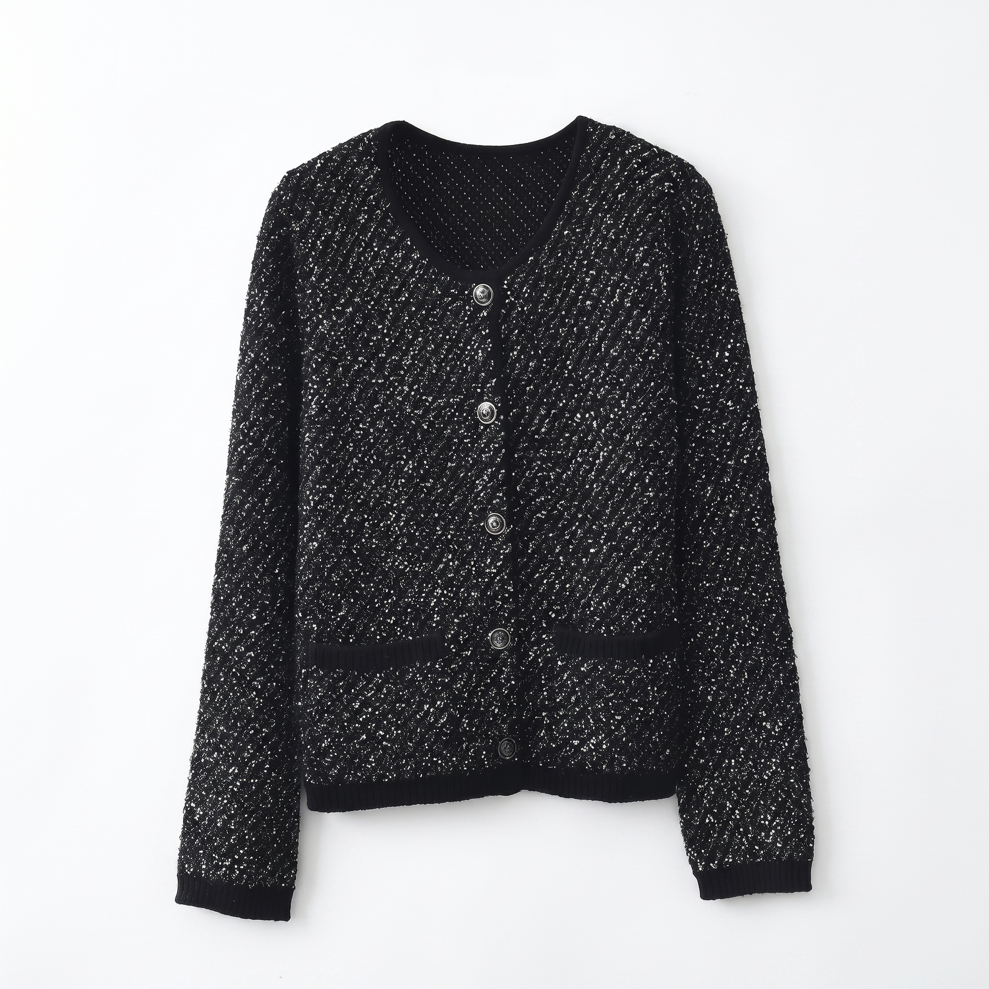 Sunoire shiny tweed knit pocketed cardigan women s round neck button blazer garment flatlay 01
