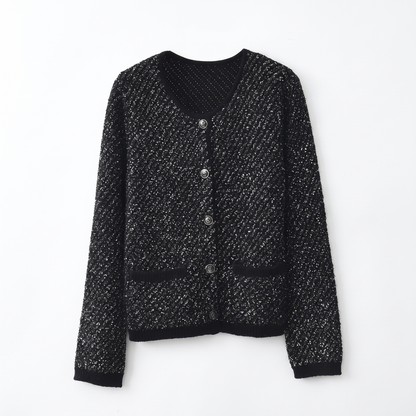 Sunoire shiny tweed knit pocketed cardigan women s round neck button blazer garment flatlay 01