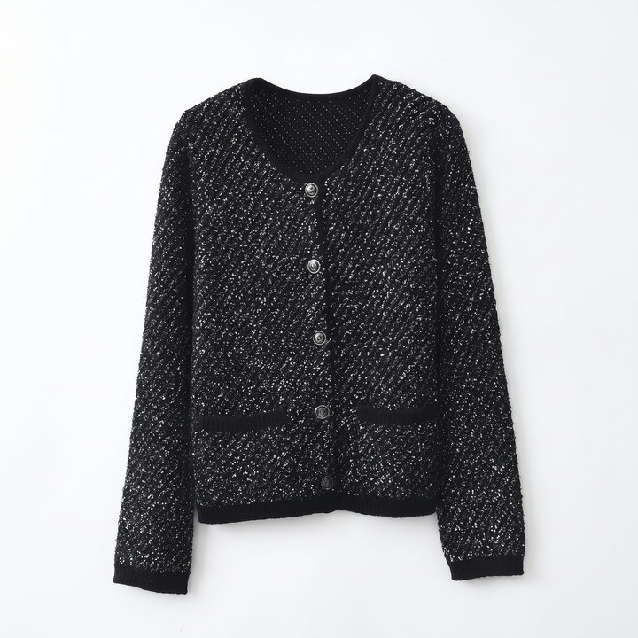 Sunoire shiny tweed knit pocketed cardigan women s round neck button blazer garment flatlay 01