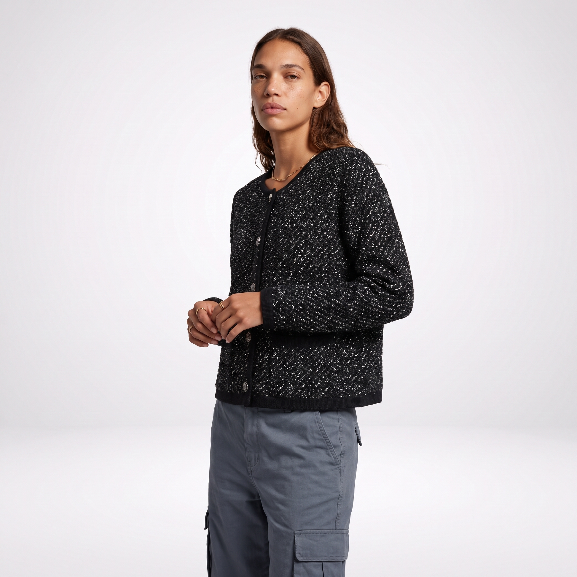 Sunoire shiny tweed knit pocketed cardigan women s round neck button blazer top crop 3q 01