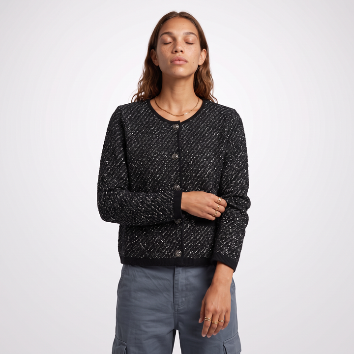 Sunoire shiny tweed knit pocketed cardigan women s round neck button blazer top front crop 01
