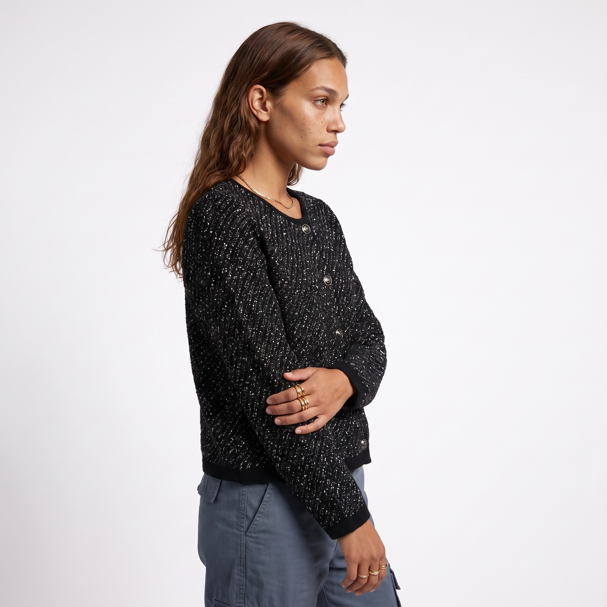 Sunoire shiny tweed knit pocketed cardigan women s round neck button blazer top side crop 01
