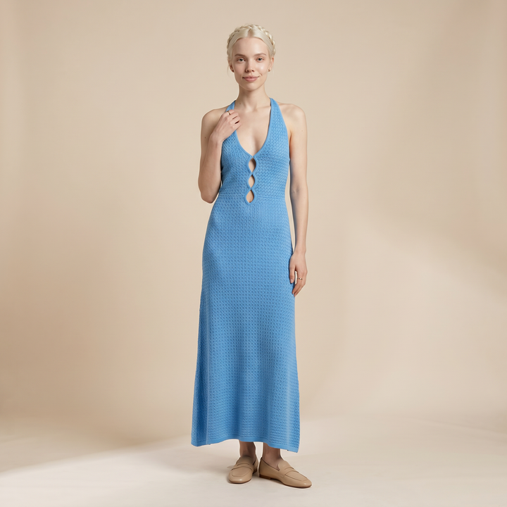 Sunoire sienna blue v neck dress front hero 01