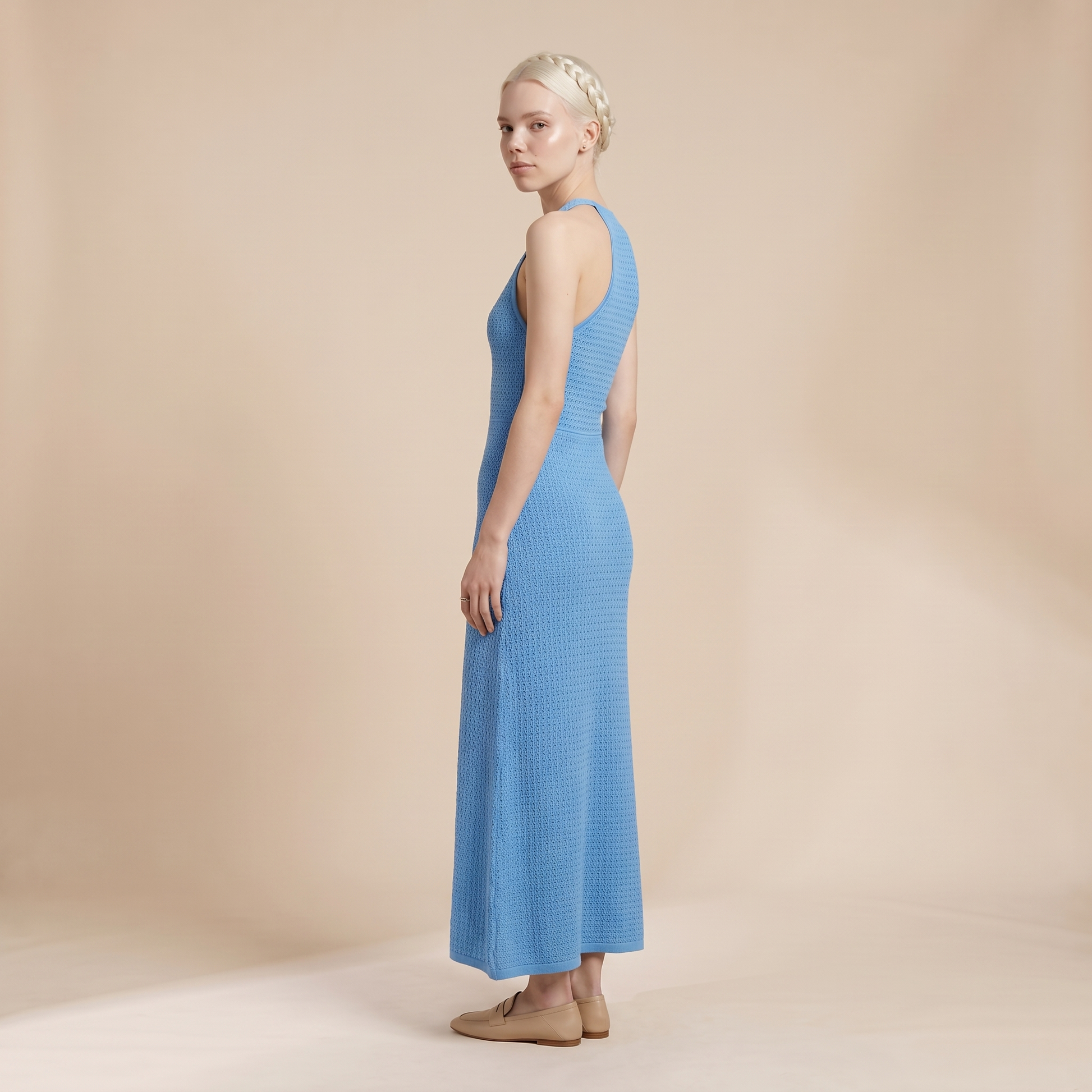 Sunoire sienna blue v neck dress three quarter 01