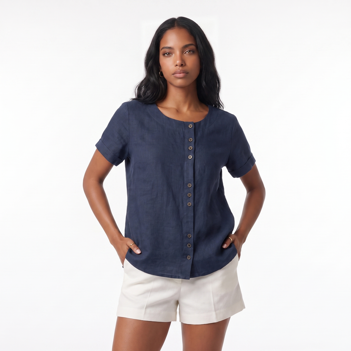 Linen Short Sleeve Top – White Everyday Casual Top — Navy