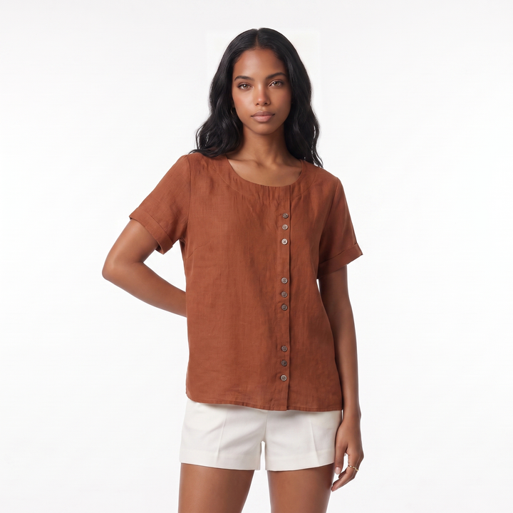 Linen Short Sleeve Top – White Everyday Casual Top — Rust