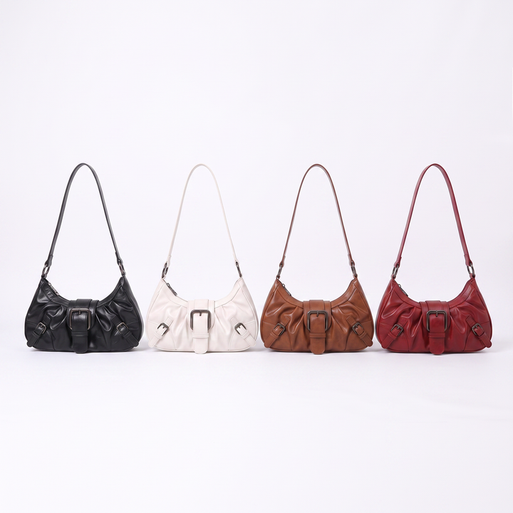 Sunoire simone black pleated hobo bag collection flatlay - all colorways