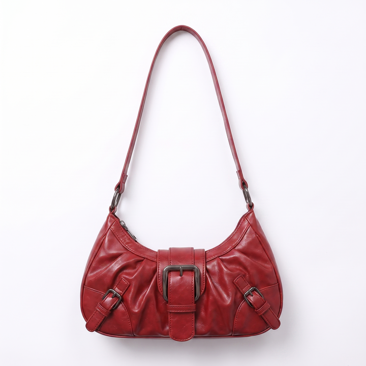 Pleated Slouchy Faux Leather Hobo Bag – Black Everyday Casual Shoulder Bag — Red