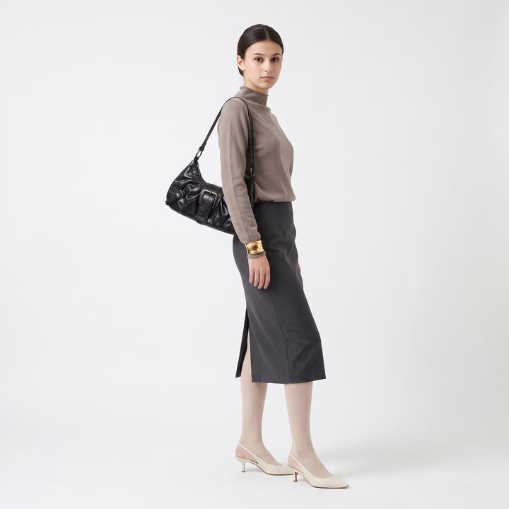 Pleated Slouchy Faux Leather Hobo Bag, worn by a model
