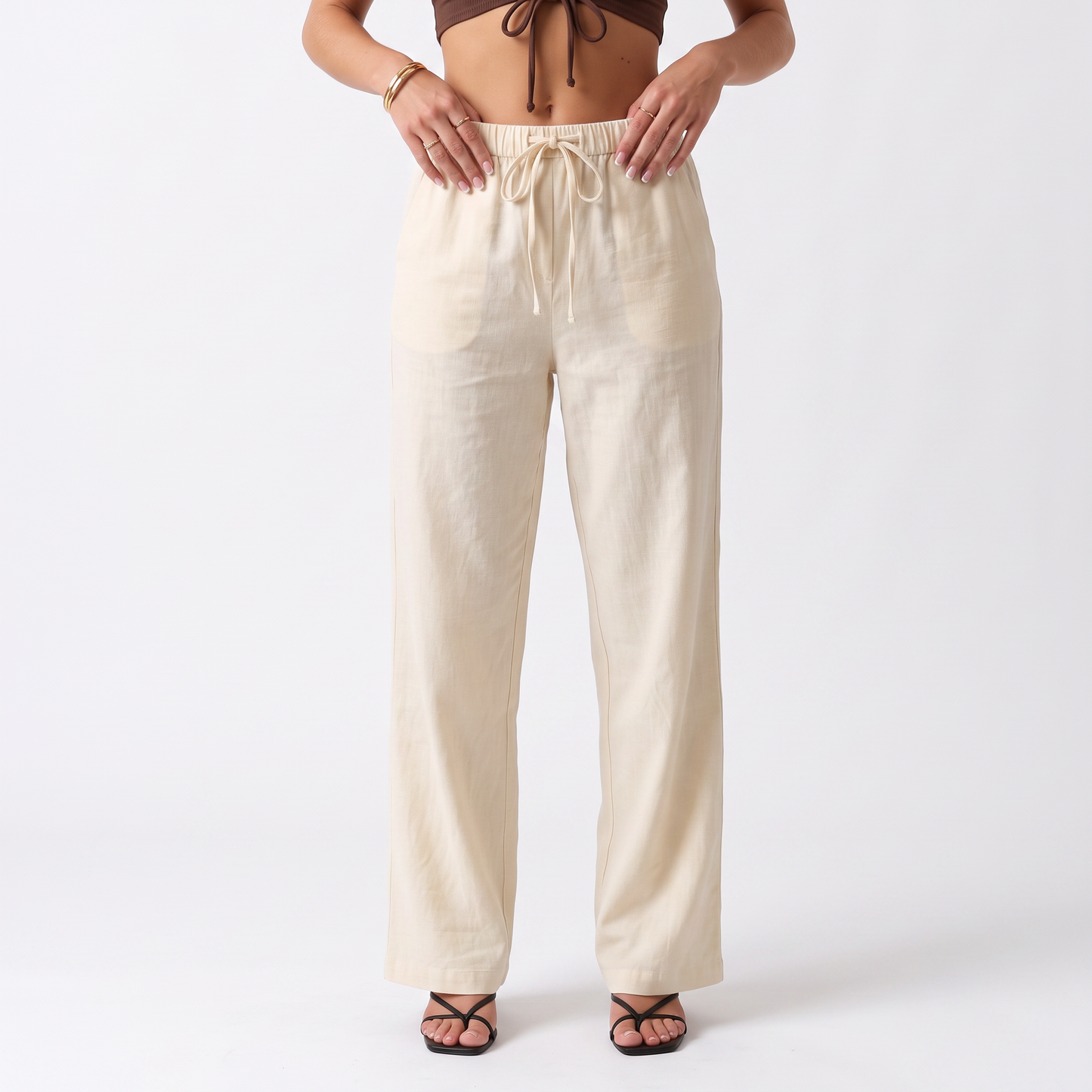Sunoire simple style plain drawstring baggy straight trousers women all matching slimming casual pants bottom front crop 01