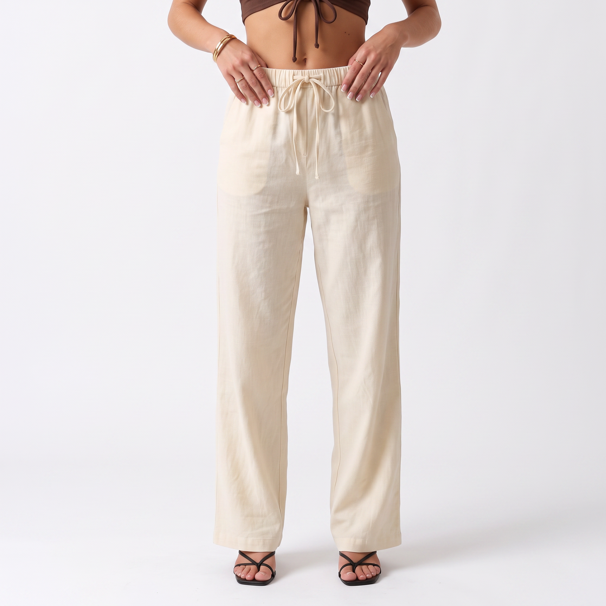 Sunoire simple style plain drawstring baggy straight trousers women all matching slimming casual pants bottom front crop 01