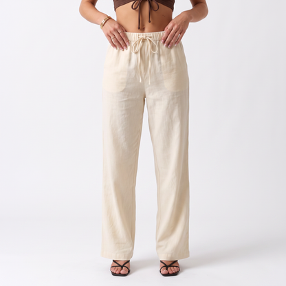 Sunoire simple style plain drawstring baggy straight trousers women all matching slimming casual pants bottom front crop 01