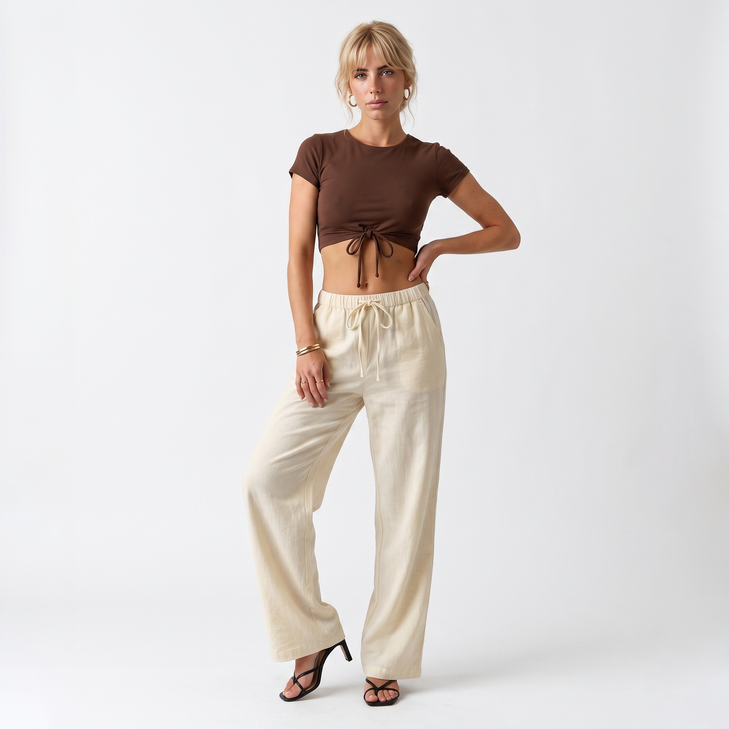 Sunoire simple style plain drawstring baggy straight trousers women all matching slimming casual pants front hero 01