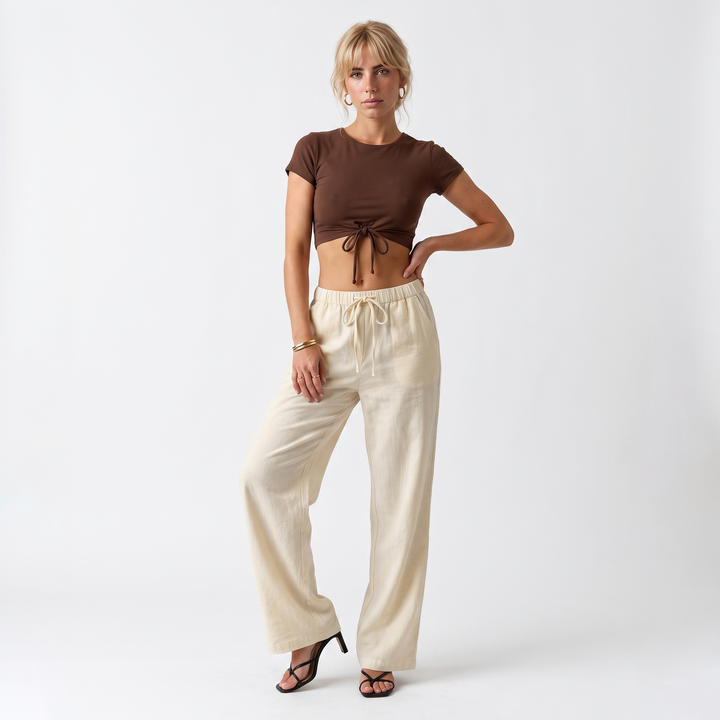 Sunoire simple style plain drawstring baggy straight trousers women all matching slimming casual pants front hero 01