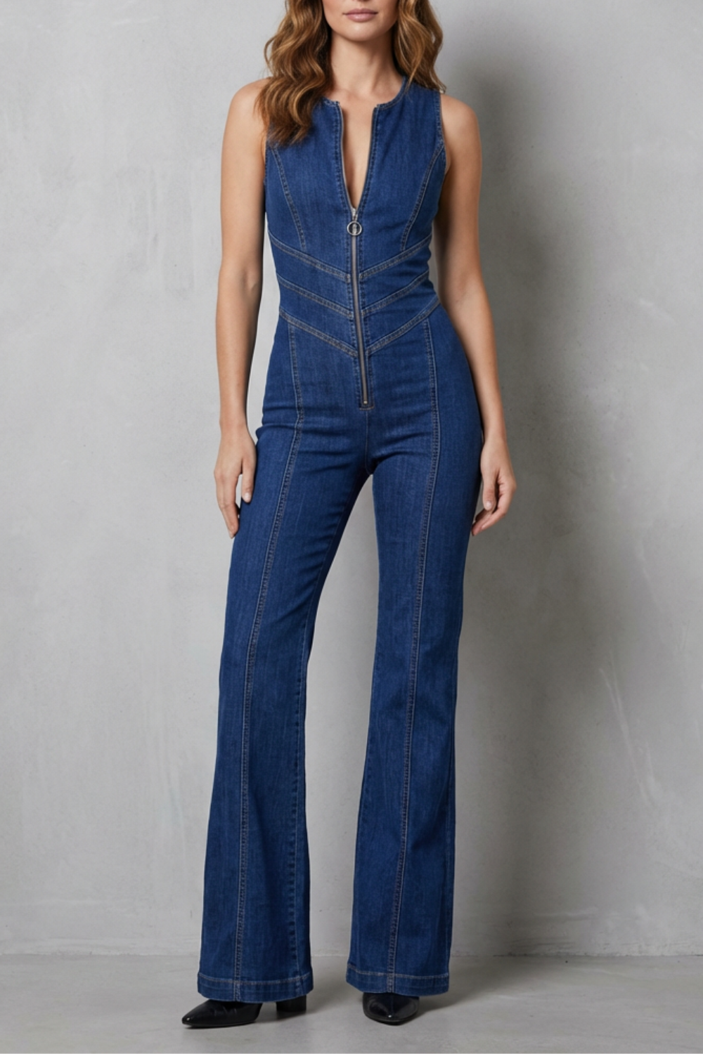 Phoebe | Sleeveless Denim Jumpsuit Blue Stretch Flare Zip-Front for Women in Blue