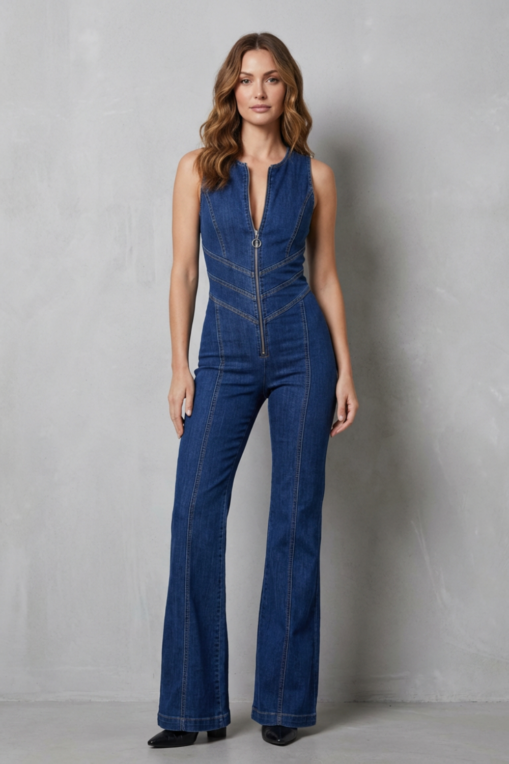 Phoebe | Sleeveless Denim Jumpsuit Blue Stretch Flare Zip-Front for Women in Blue, another view