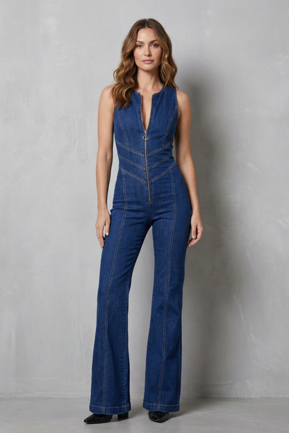 Phoebe | Sleeveless Denim Jumpsuit Blue Stretch Flare Zip-Front for Women in Blue, another view