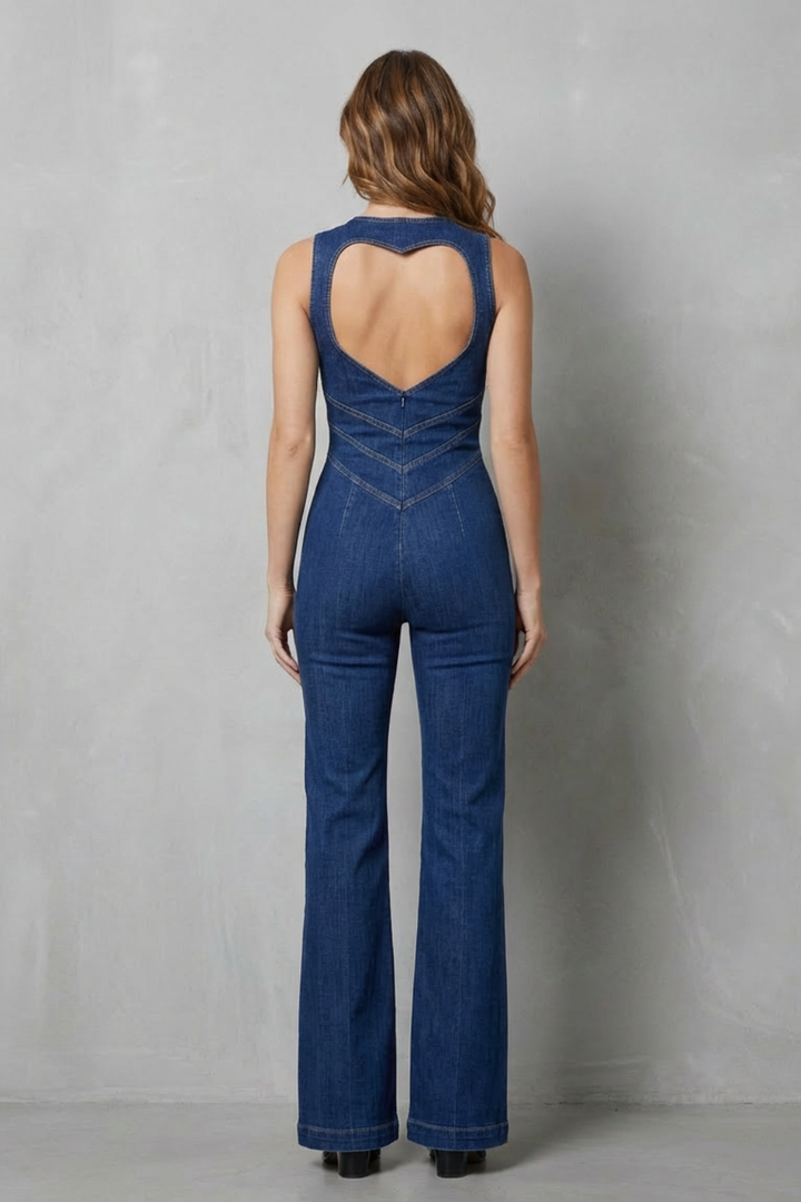Phoebe | Sleeveless Denim Jumpsuit Blue Stretch Flare Zip-Front for Women in Blue, another view