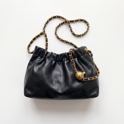 Sunoire sloane black ruched chain shoulder bag 01 front