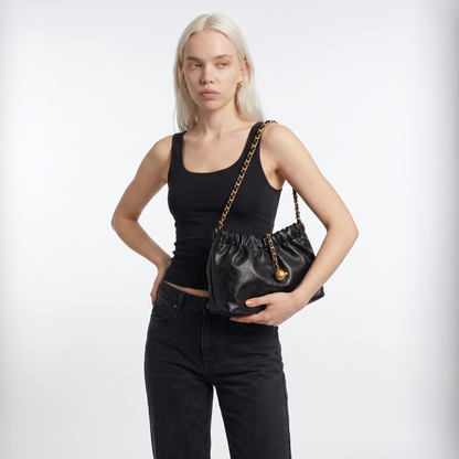 Sunoire sloane black ruched chain shoulder bag 03 detail