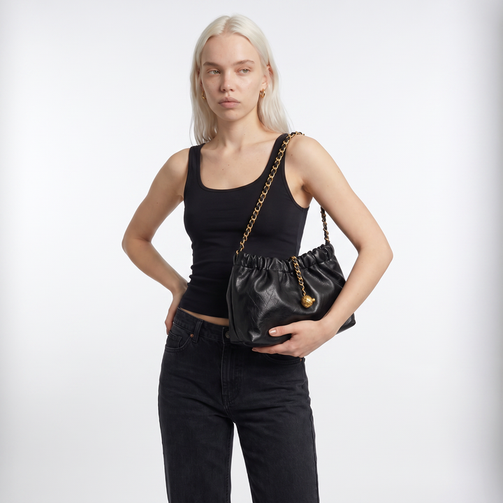 Sunoire sloane black ruched chain shoulder bag 03 detail