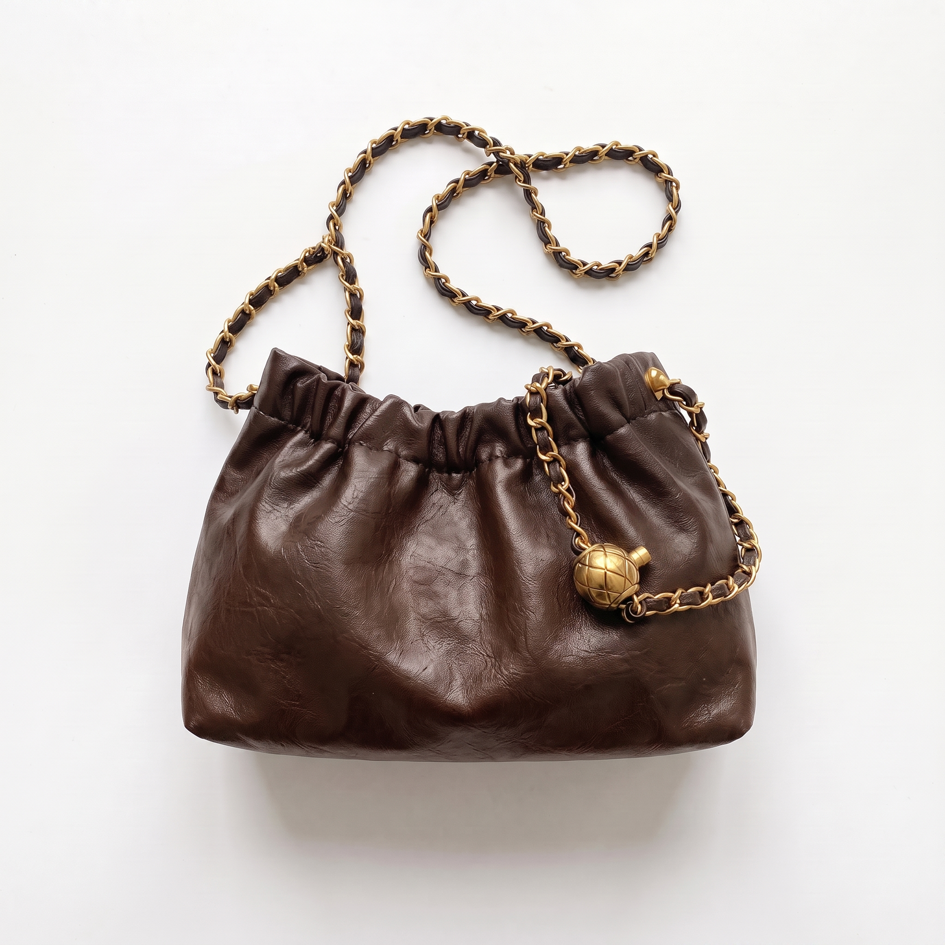 Sunoire sloane black ruched chain shoulder bag colorway coffee