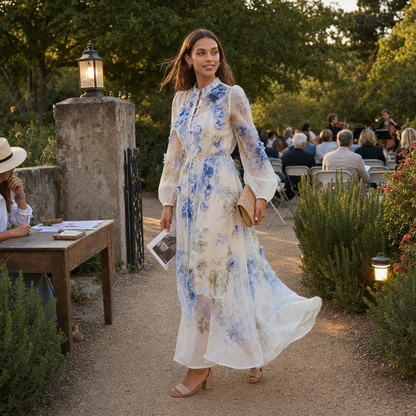 Watercolor Floral Puff Sleeve Maxi Dress – Blue Wedding Guest Dress — lifestyle photo