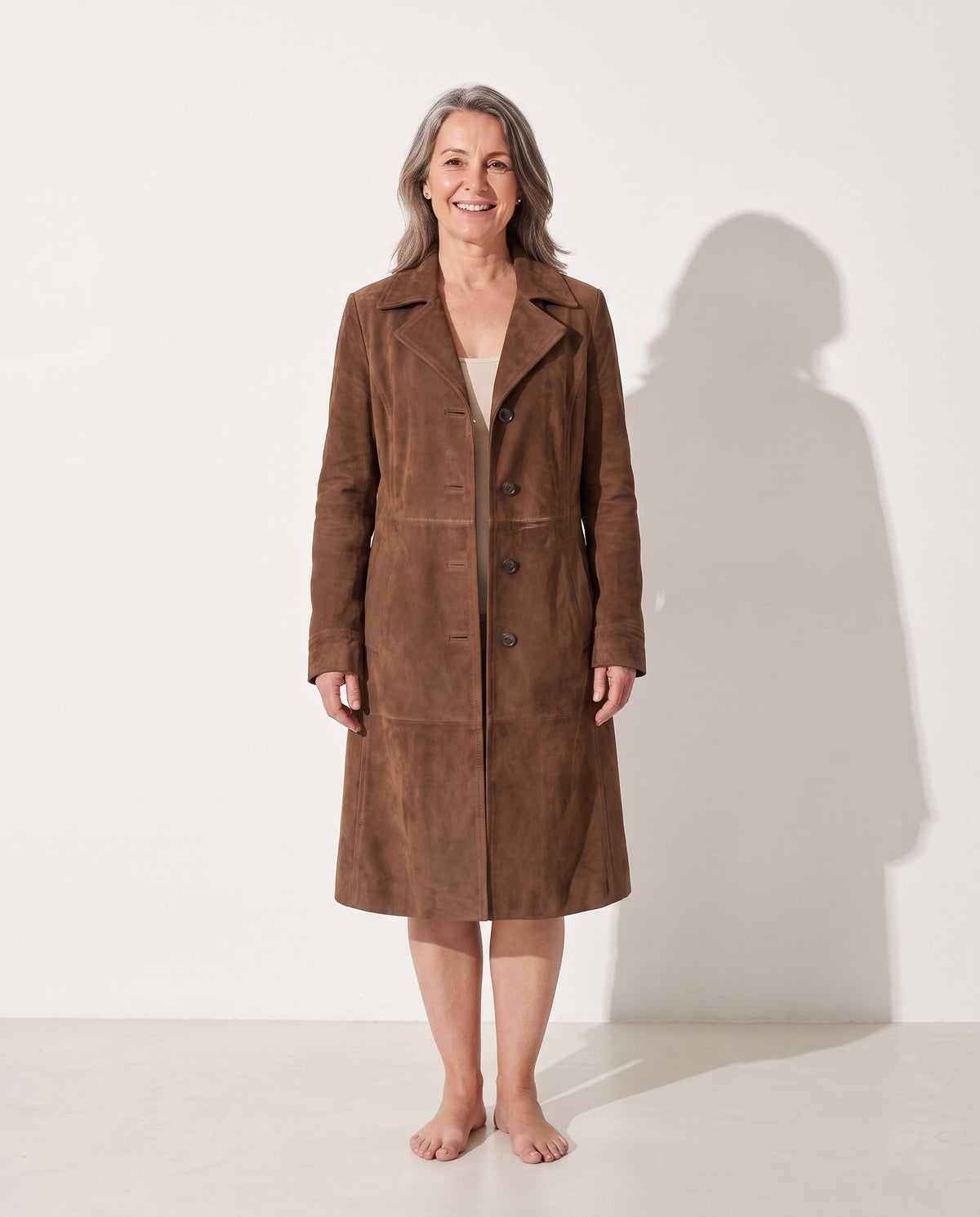 Solene | Women's Longline Coat Tailored Suede-Effect Winter in Brown