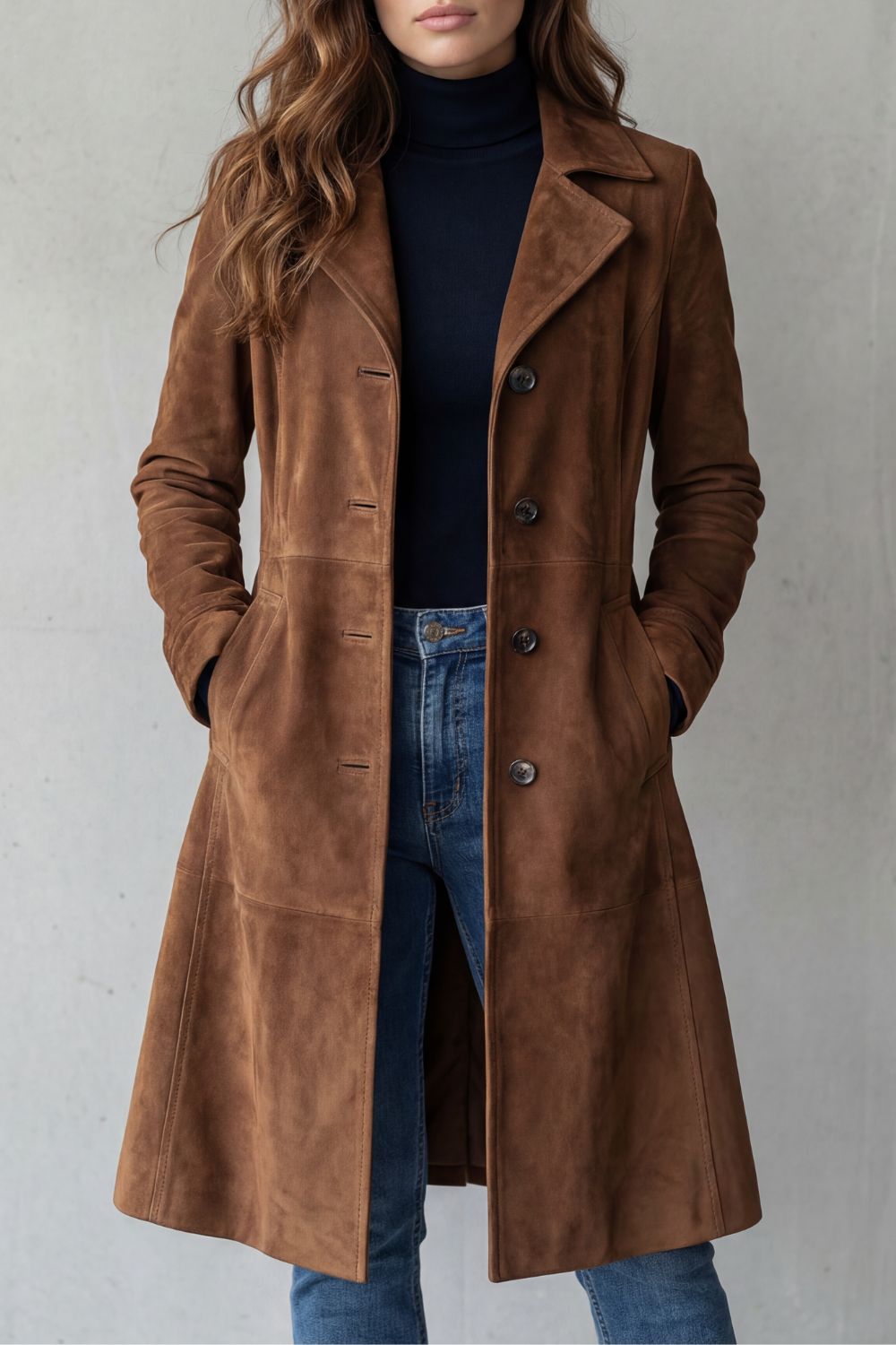 Solene | Women's Longline Coat Tailored Suede-Effect Winter in Brown, another view