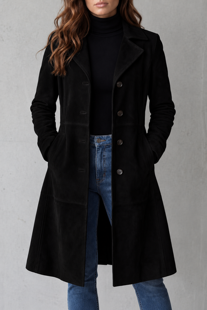 Solene | Women's Longline Coat Tailored Suede-Effect Winter in Black