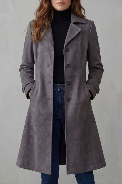Solene | Women's Longline Coat Tailored Suede-Effect Winter in Charcoal
