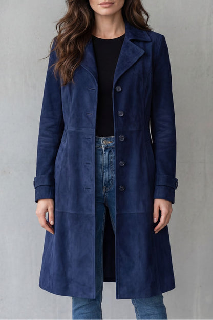 Solene | Women's Longline Coat Tailored Suede-Effect Winter in Navy
